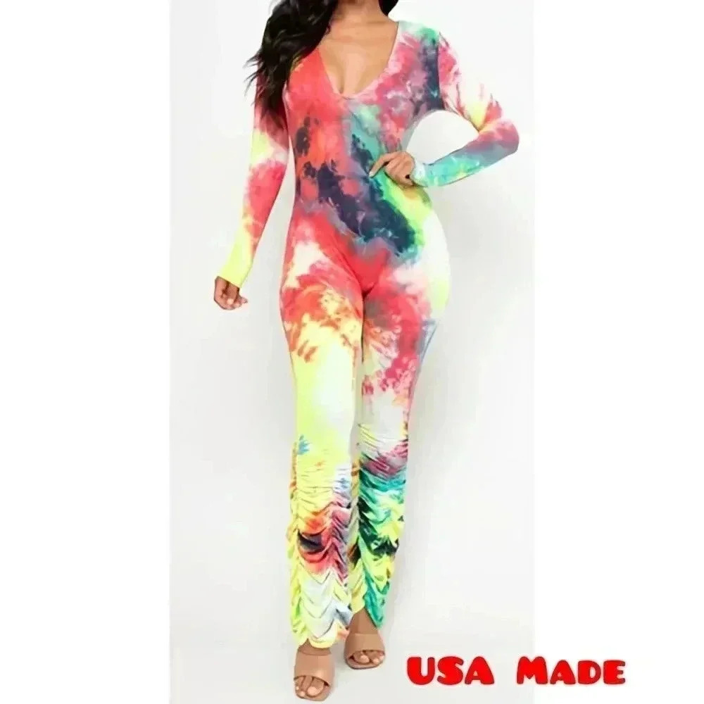 CLOSET CLOSEDOWN⚠️🚨USA Made Tie Dye V Neck Long Sleeve Bodycon Jumpsuit